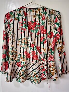 Zara| Striped White Floral Peplum Wrap Blouse in Black, Res & Green Sz M